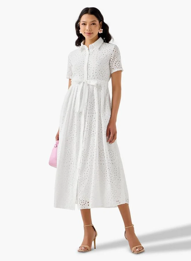 تواكستريمز 2Xtremz Belted Midi Cotton Shirt Dress with Schiffli Embroidery
